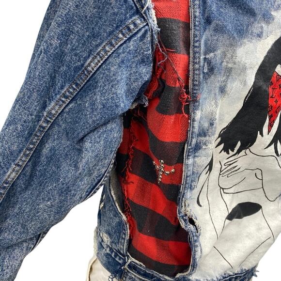 Levi's Men's Blue Distressed Long Sleeve Graphic Denim Jeans Coat Jacket Size XS - Picture 5 of 6